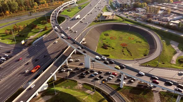 Aerial View of a Freeway Intersection Traffic Trails in Moscow