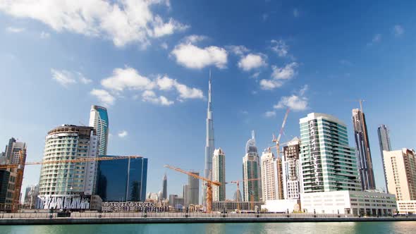 Hyperlapse Along the Business Bay Embankment Overlooking the Burj Khalifa