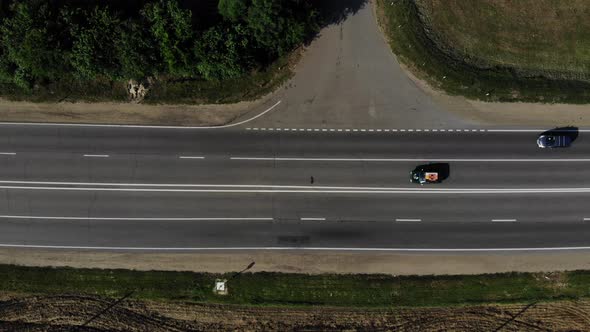 Aerial view of the road. Road and cars from dron.