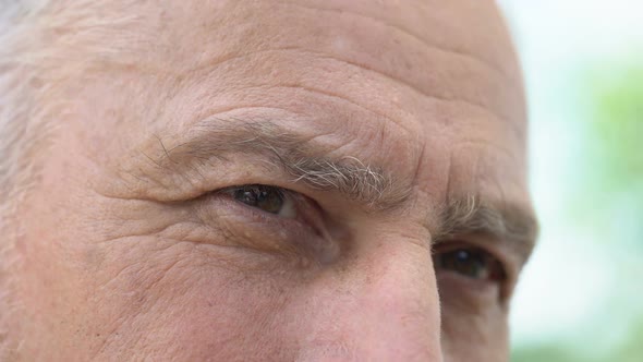 Wrinkled Retired Man Eyes Close-Up, Remembering Good Past, Social Security