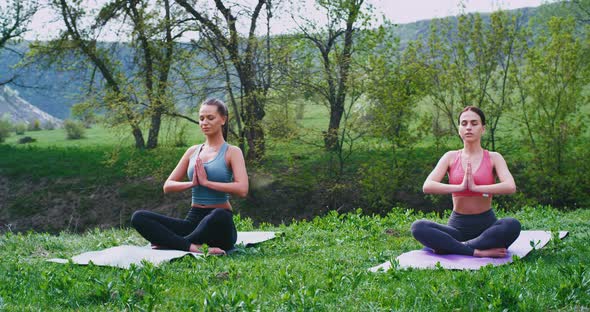 Attractive Women at Nature Concentrated Doing Yoga