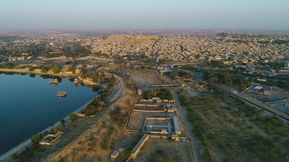 Drone aerial shot of gadisar lake in jaisalmer, Rajasthan, India.