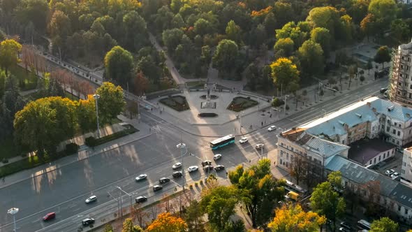 Aerial drone view of Chisinau downtown at sunset. View of central park
