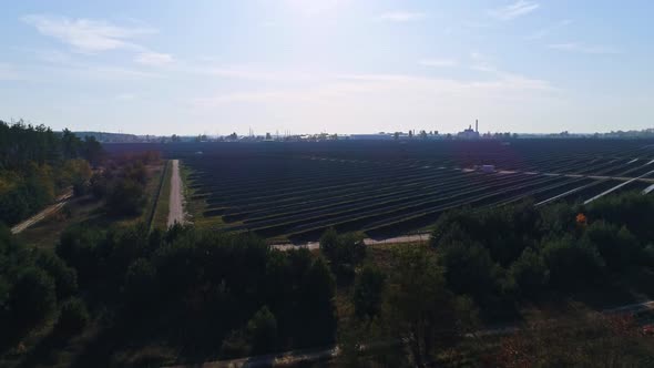 Aerial Drone Footage. Flight Over Solar Panel Farm. Renewable Green Alternative Energy