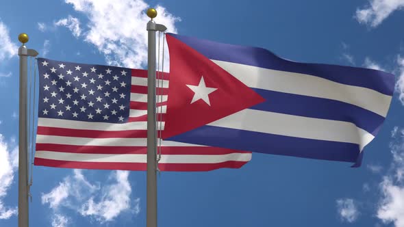 Usa Flag Vs Cuba Flag On Flagpole