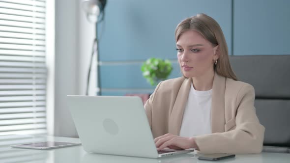 Businesswoman Closing Laptop Standing Up Going Away