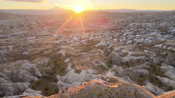 Sun Over Goreme. Cappadocia, Turkey. Aerial View