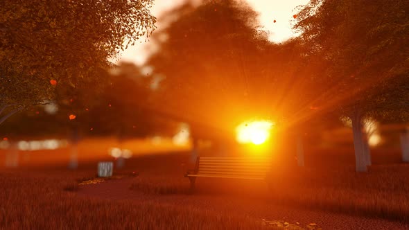 Autumn Park Bench Landscape With Sunset alt