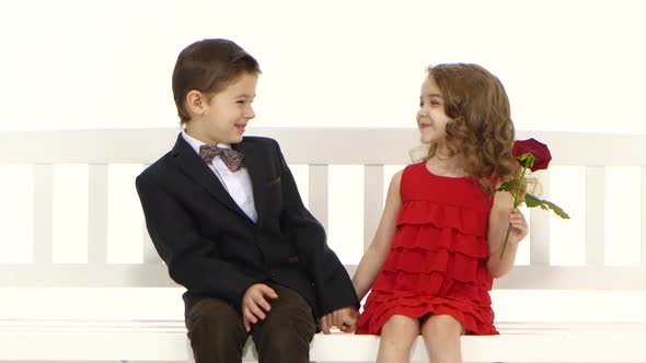 Children Ride a Swing and a Little Boy Kisses the Girl on the Cheek. White Background