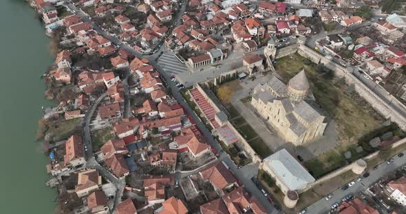 Aerial view of Orthodox Svetitskhoveli Cathedral in Mtskheta, Georgia