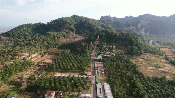 aerial drone of a unique temple with a golden buddha on a mountain surrounded by coconut trees in Ao