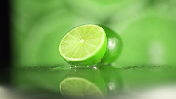 The Fresh Limes are Rotating Slowly on Bright Lime Background