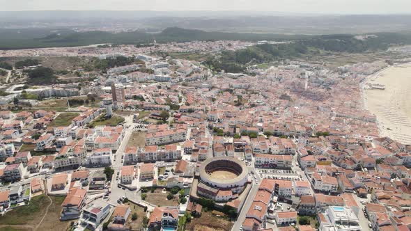 Nazare: panoramic aerial view of the city and seaside. Portugal