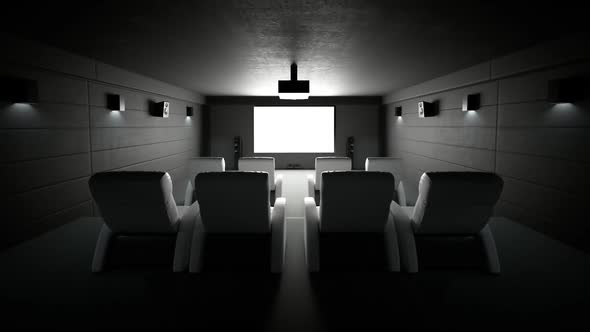 Interior of a luxurious home theater room during seans. Personal cinema. 4KHD