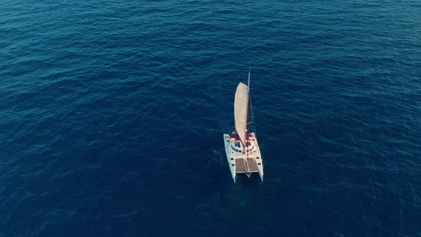 Aerial View. Large Sailing Catamaran in the Open Sea