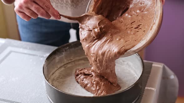 Woman Puts Chocolate Dough with Nuts Dough in a Baking Dish