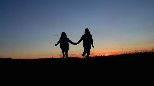 Slow motion Happy family mom and daughter in the field at sunset.