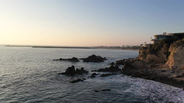 Flying over the beautiful Laguna Beach tide pools at Sunset in California.