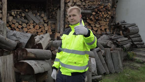 Lumberjack in Reflective Jacket. Man Woodcutter Show Thumb Up. Sawn Logs, Firewood Background