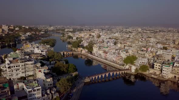 Aerial view Drone 4k of Lake Pichola And City Palace, Udaipur