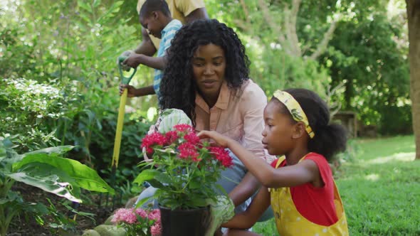 Animation of happy african american mother and daughter planting flowers in garden