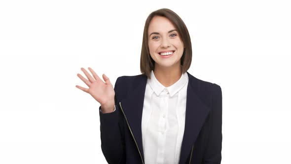 Portrait of Cute Young Businesswoman Wearing White Blouse and Black Jacket Welcoming with Big Smile