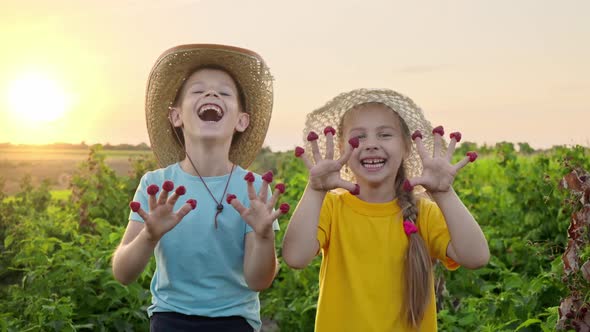 Brother and sister in straw hats laugh showing hands with raspberries on their fingers