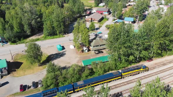 4K Drone Video of Alaska Railroad Train and Station at Talkeetna, Alaska during Sunny Summer Day