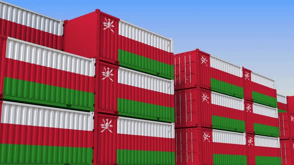 Container Yard Full of Containers with Flag of Oman