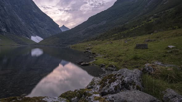 Slider Time Lapse of Norwegian Lake during Twilight with Reflection. Stavbergvatnet, Norangsdalen, M