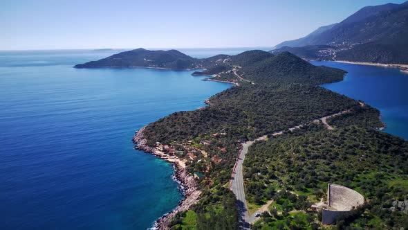 The top view from the drone of Kas resorts, bay, yahts, city in Mugla in Turkey