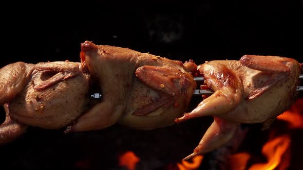 Closeup of the Raw Marinated Quails on the Skewers Placed Above the Open Fire