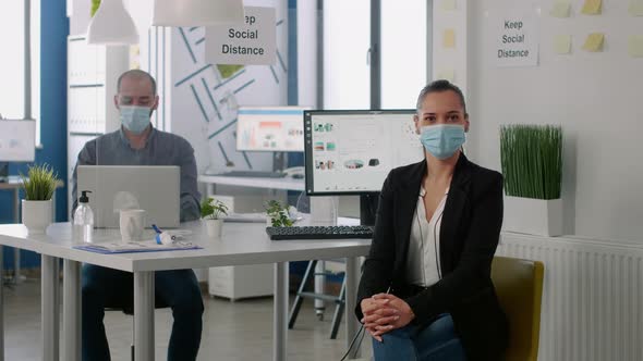 Portrait of Manager Woman Wearing Medical Face Mask