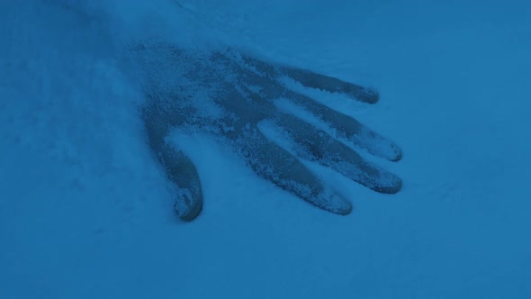 Hand Of Frozen Person In Snow In The Dark