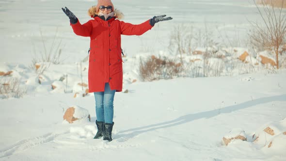 Winter Fun And Leisure Vacation In Weekend Adventure Trip. Woman Enjoying Sunny Winter.