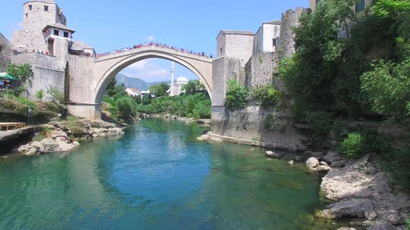 People on the bridge in Mostar waiting for jumping to start