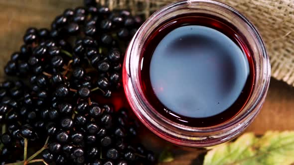 Top View Close Up Black Elderberry On Vintage Boards And Sacks, Elderberry Juice