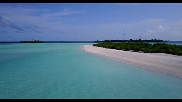 Aerial drone shot travel of paradise coastline beach wildlife by turquoise sea with white sandy back