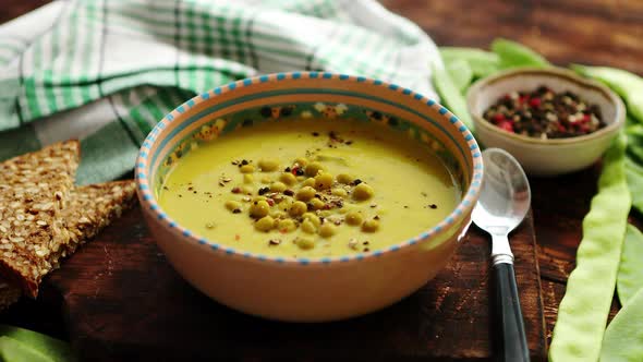 Green Pea Cream Soup in Grey Bowl