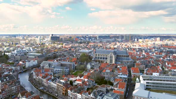 Aerial shot of the ancient city of Leiden, the Netherlands, flying towards the famous Rapenburg cana