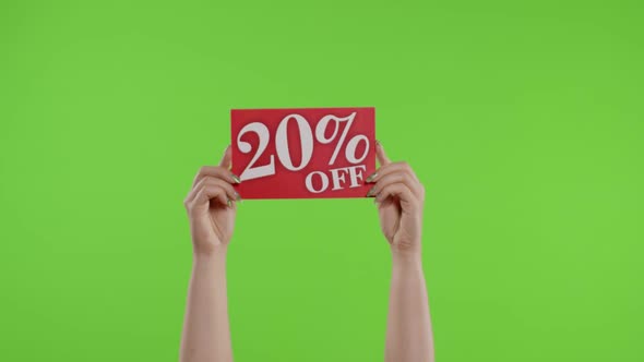 20 Percent Off Advertisement Inscription on Paper Sheet in Womans Hands on Chroma Key. Slow Motion