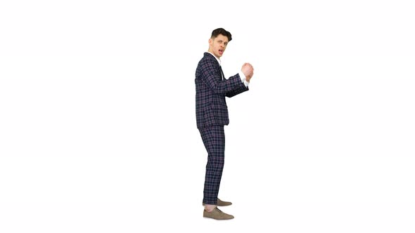 Cool Attractive Businessman Does Different Defiant Gestures on White Background.