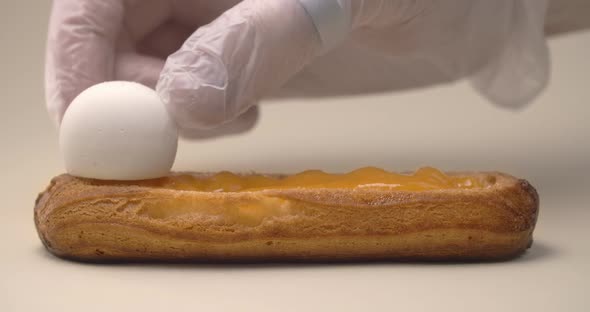 Confectioner Adds Cream Cheese Balls To the Eclair, Making Dessert with Mascarpone, Sweet Choux