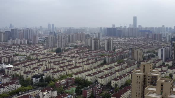 Aerial pan footage with a shanghai city view during the lockdown