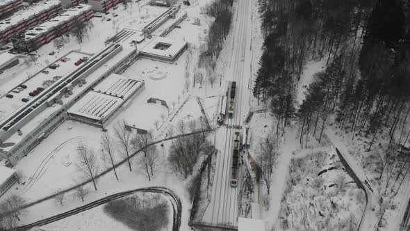 Trolley Trains Snow Covered Platform Winter Commuting Top Down Aerial