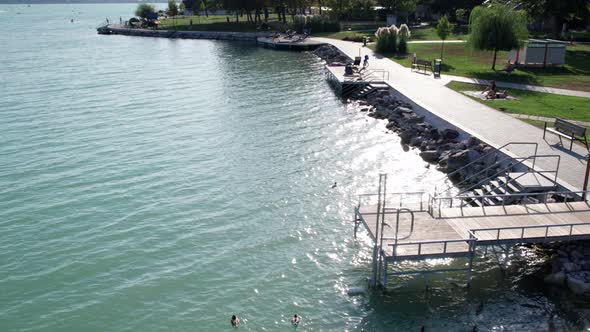 Aerial View of Lake Balaton in Hungary Coast of Balatonfured Sunny Day