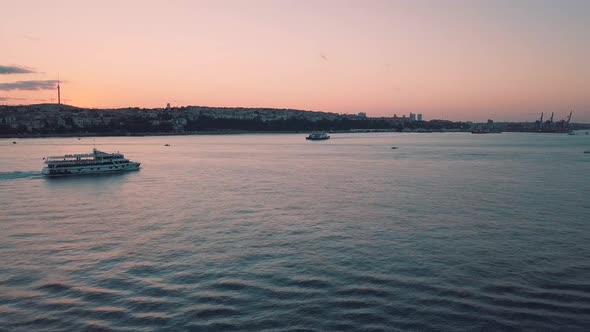 Aerial tracking of cruise ship in istanbul Bosphorus