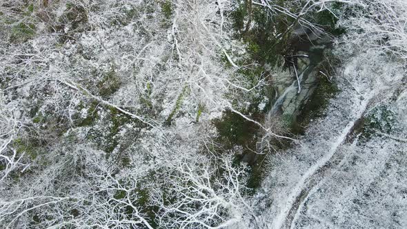 Stream of Water Flowing Among the White Rocks in the Forest in Winter