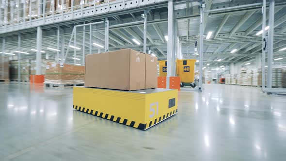 Warehouse Premises with a Robot Transporting a Box