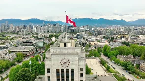 Drone Dolly Above Vancouver City Hall In Vancouver Downtown, British Columbia, Canada. Aerial Shot